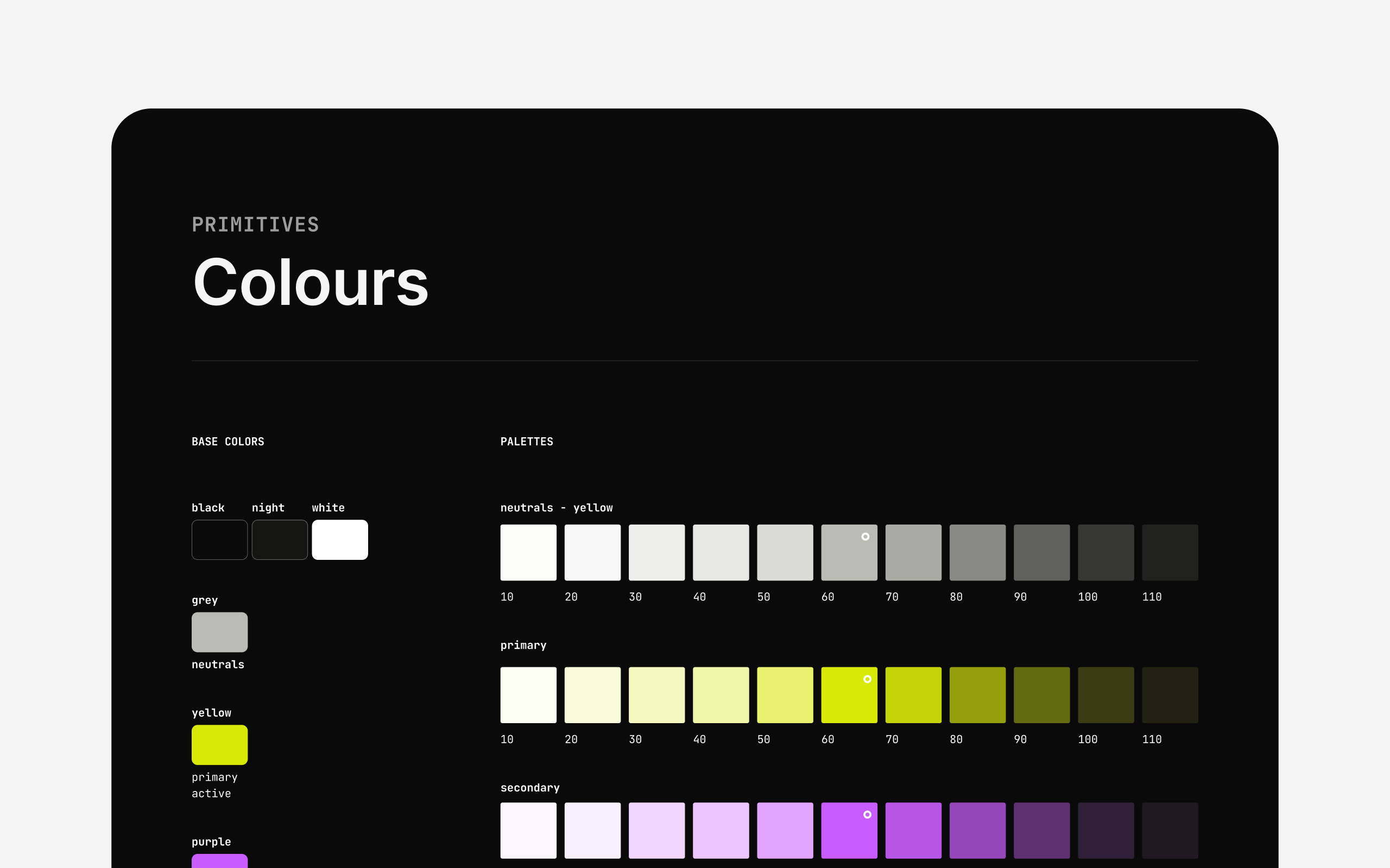 Kigs design system – colour palette overview top section