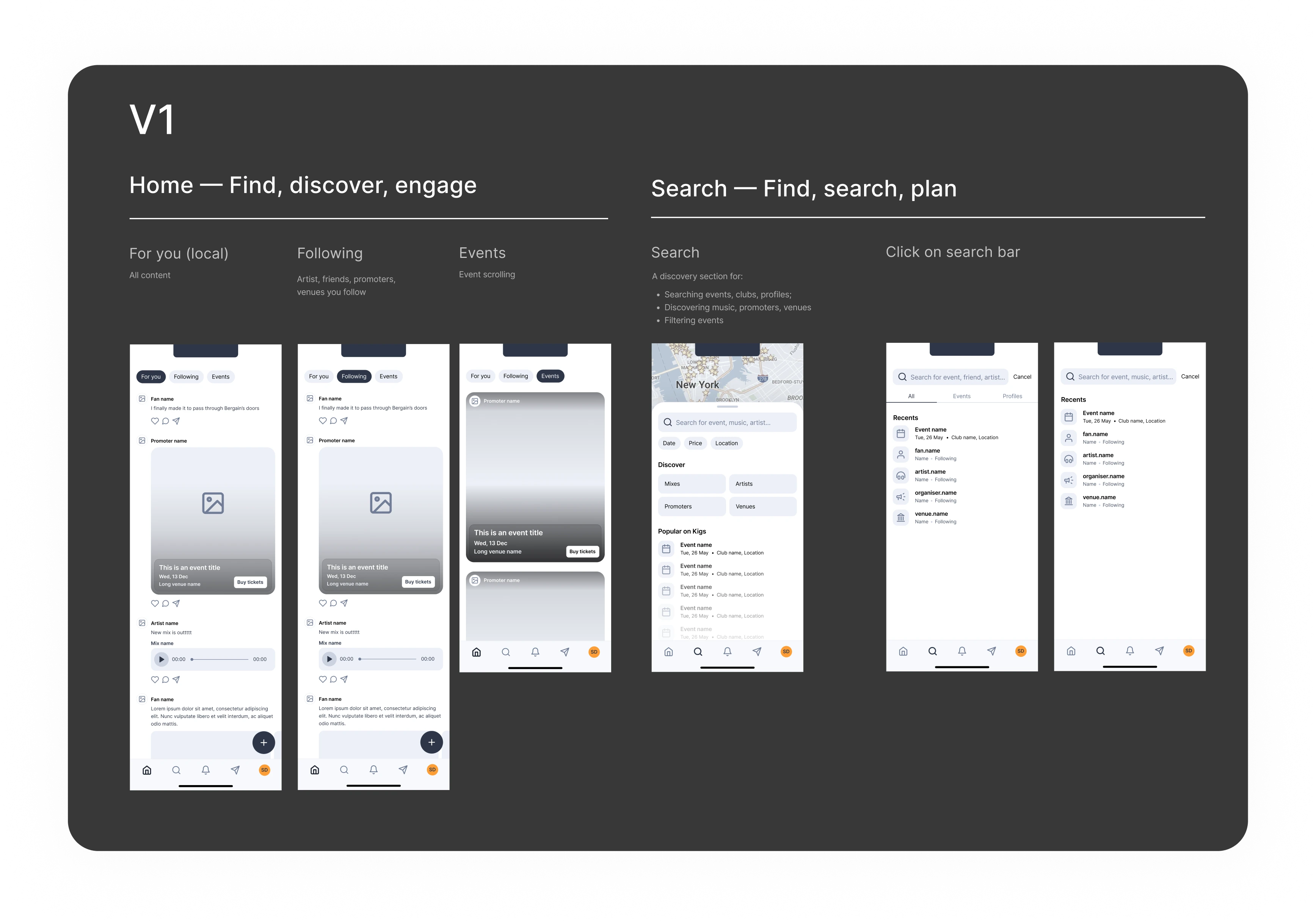Navigation V1 — home with carousels and search tied to map