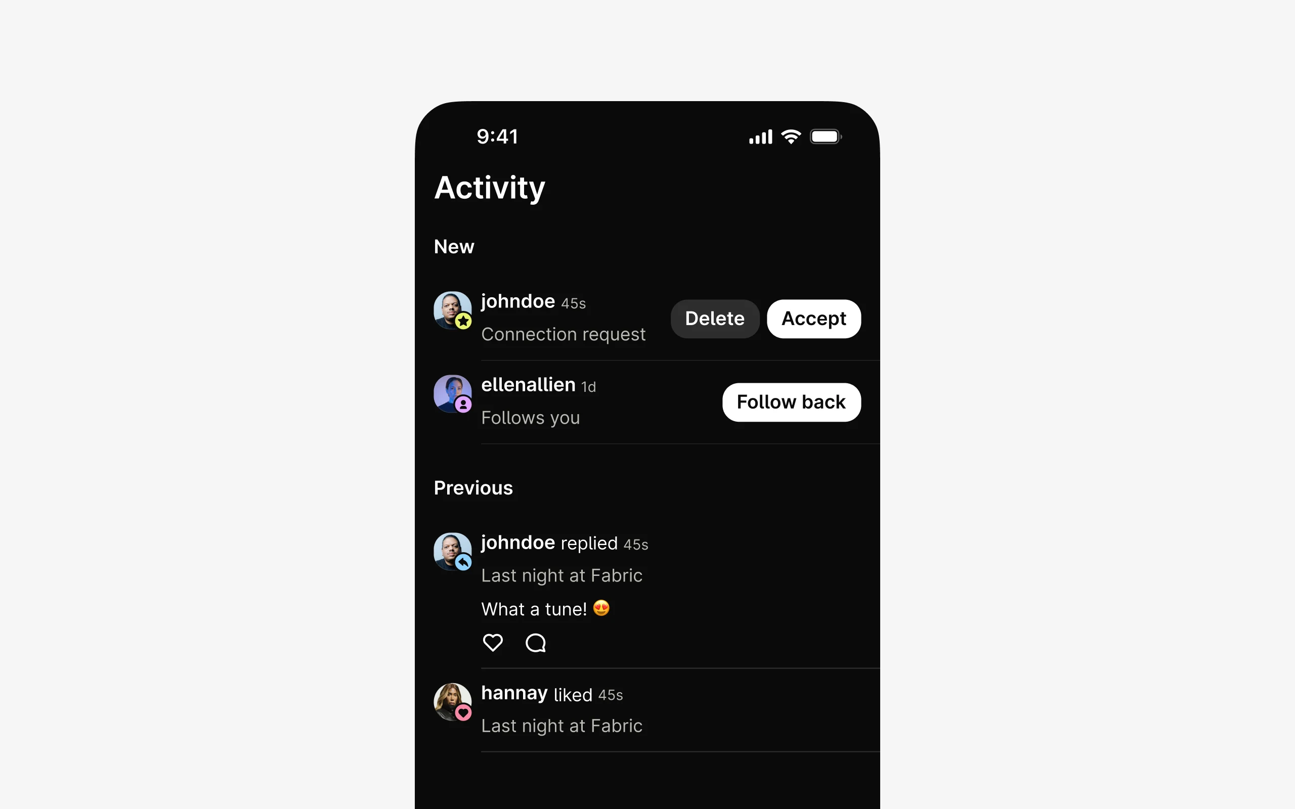 Activity screen – connection requests, followback, and social trust signals