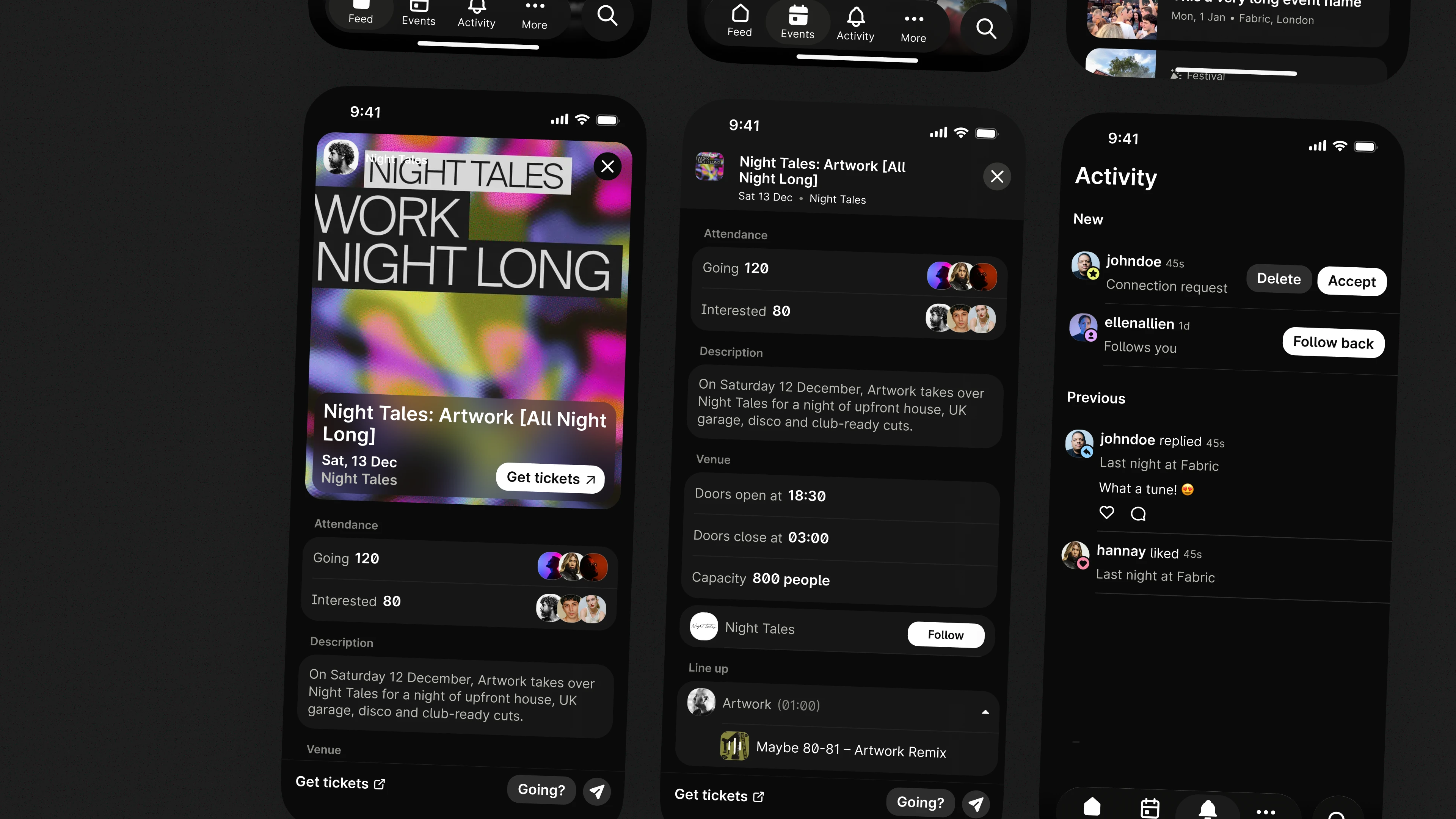 Event page — hero image, attendance going/interested, lineup with embedded mixes, Going? CTA, and Activity feed