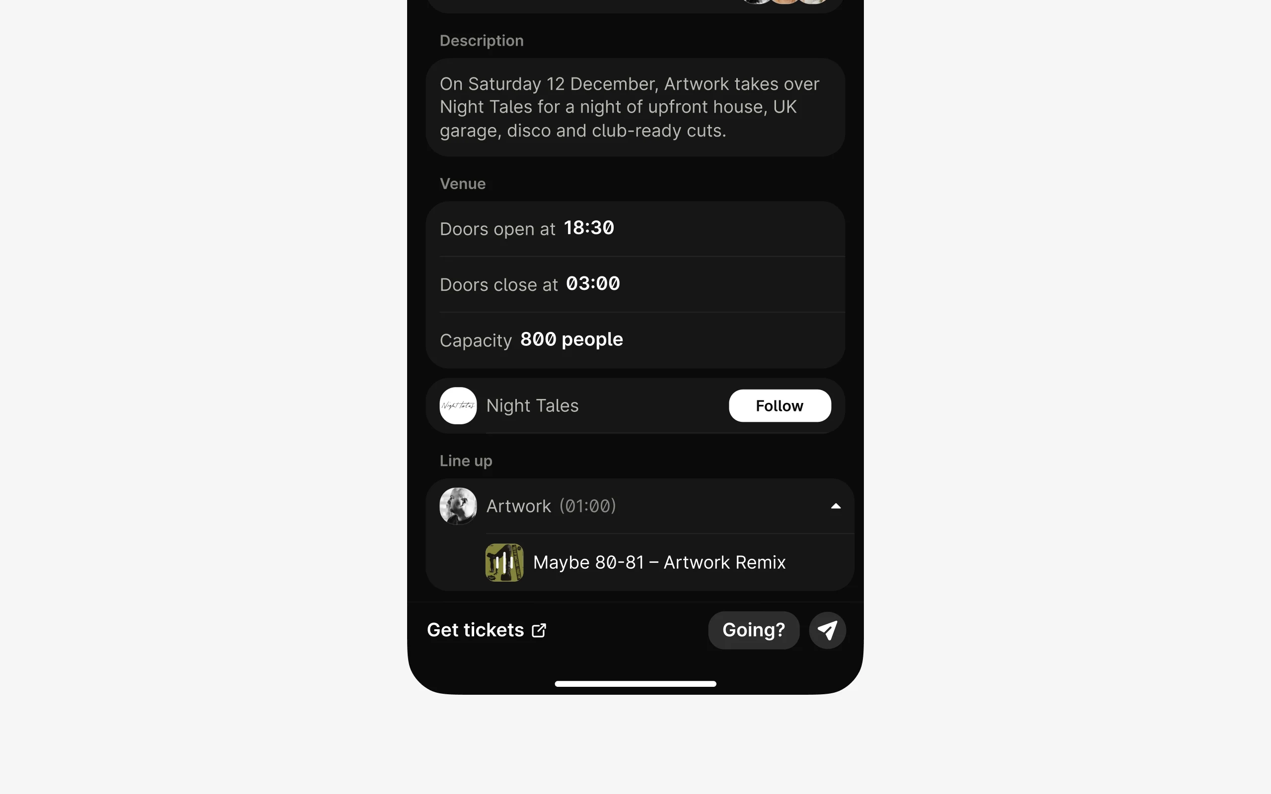 Event page – embedded mixes from SoundCloud, Going? CTA, and social activity feed