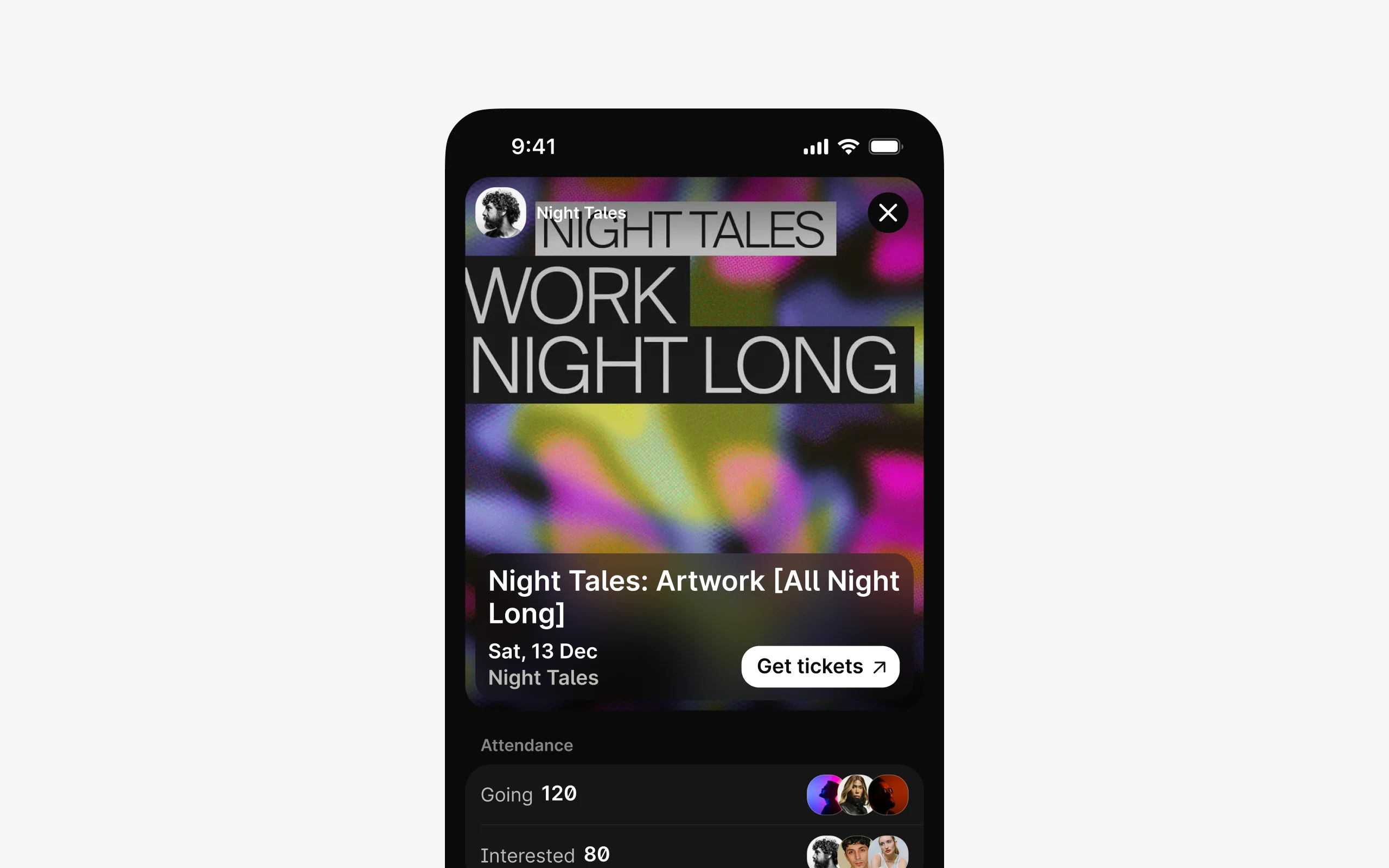 Event page – hero image, Going / Interested attendance states and lineup