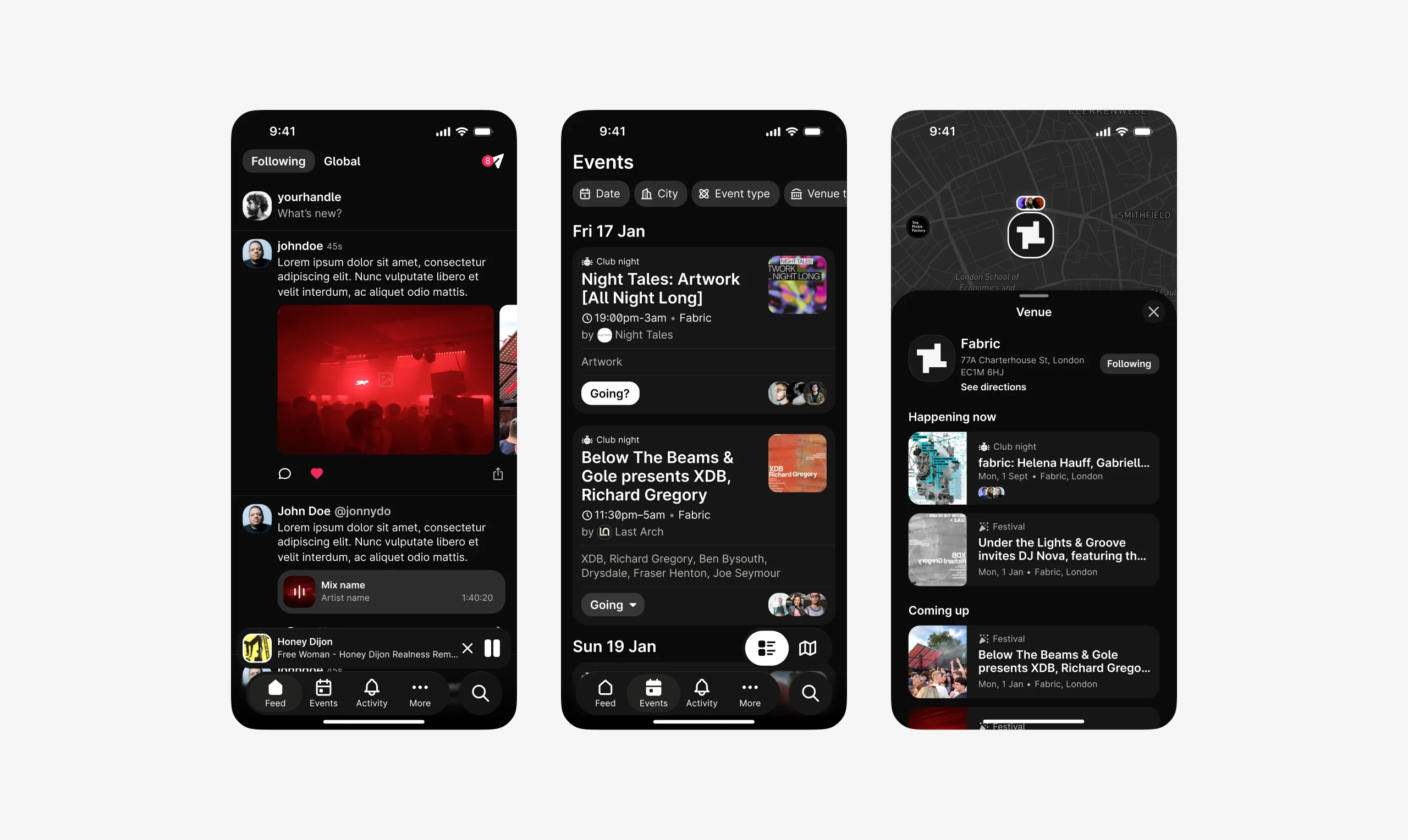 Navigation V3. Following and global feeds on home, Events in its own tab with toggle to Map view