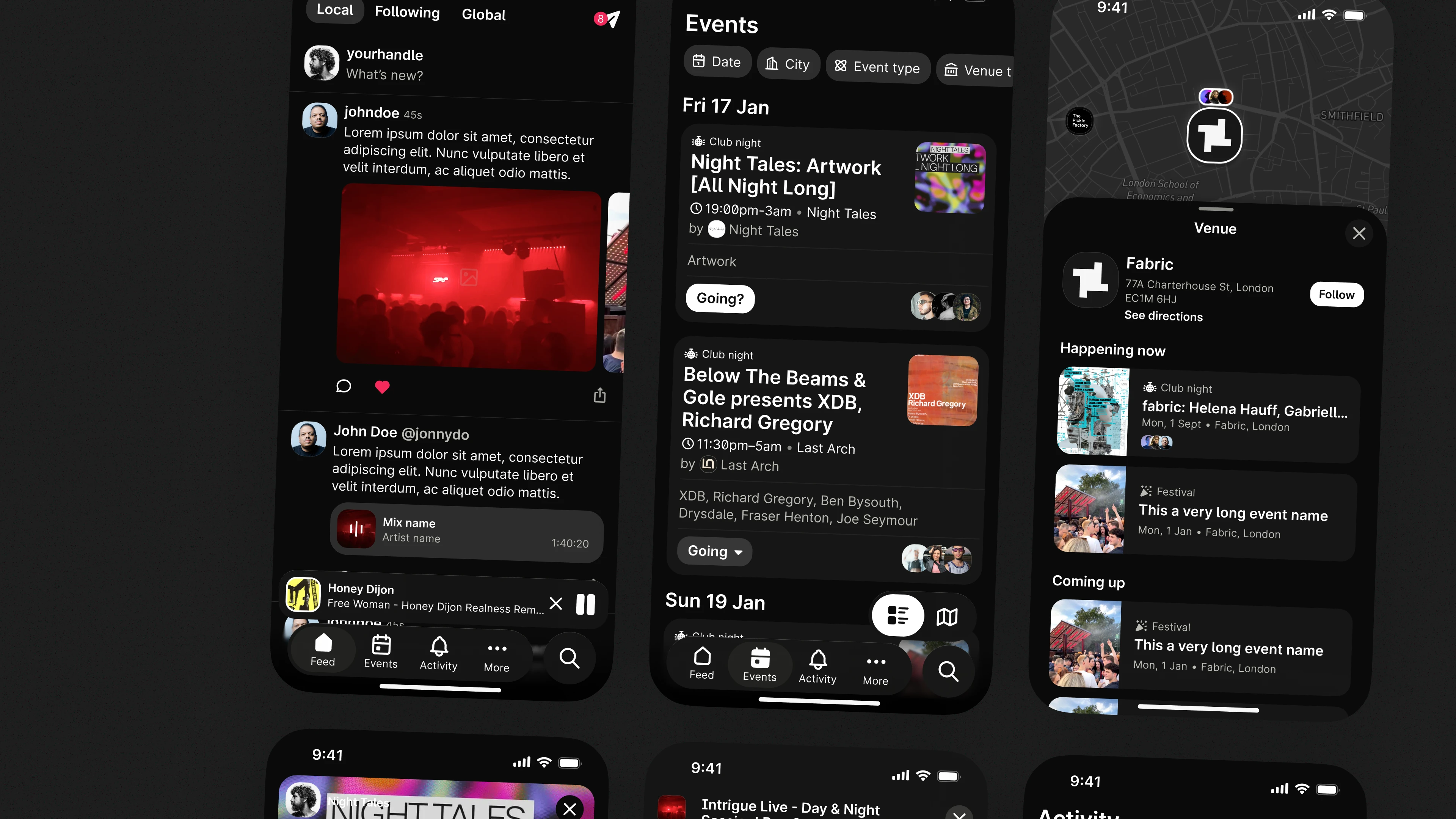 Kigs app — discovery feed, events list, and social map
