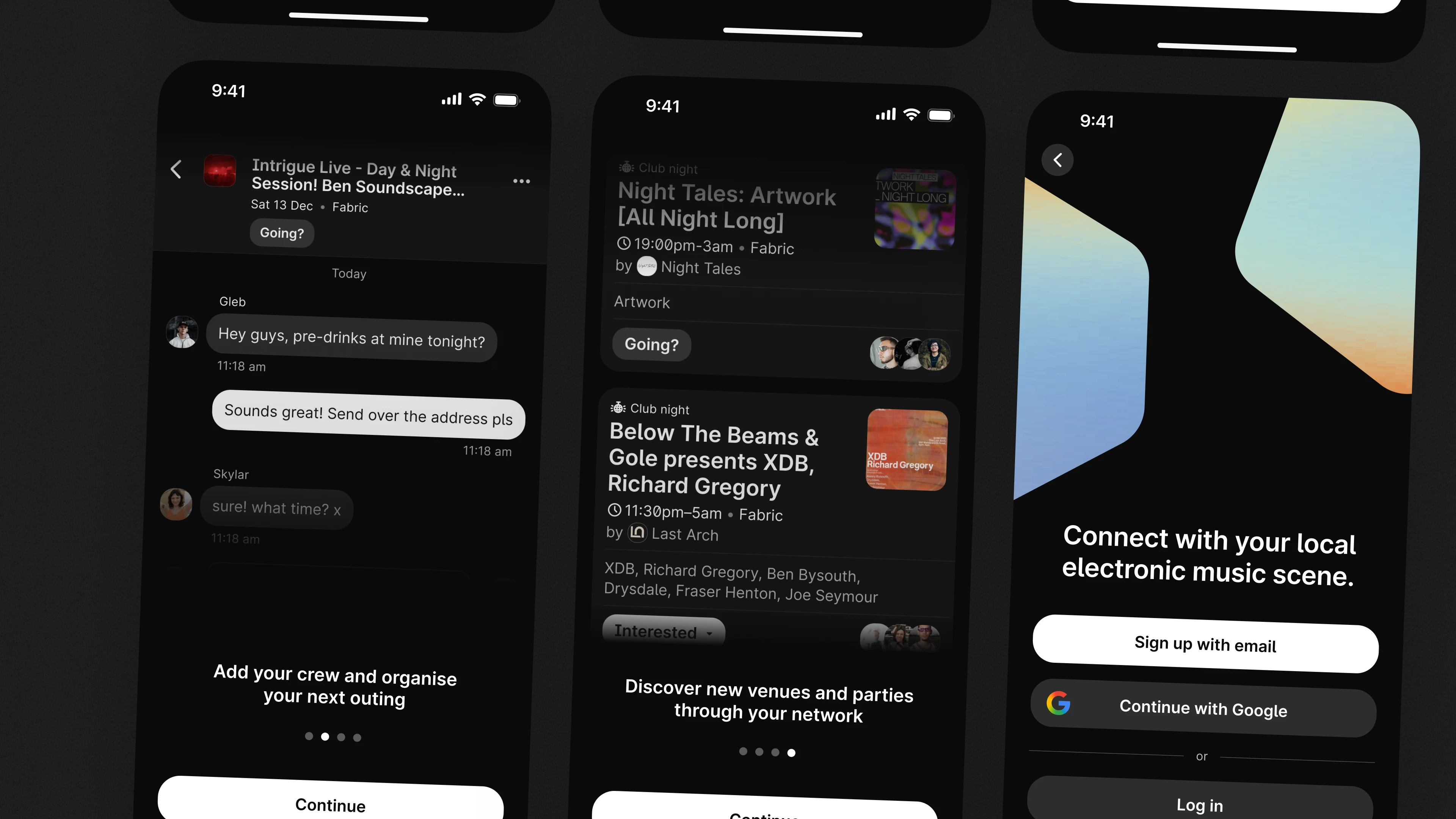 Kigs onboarding — add your crew, discover through network, and log-in screens