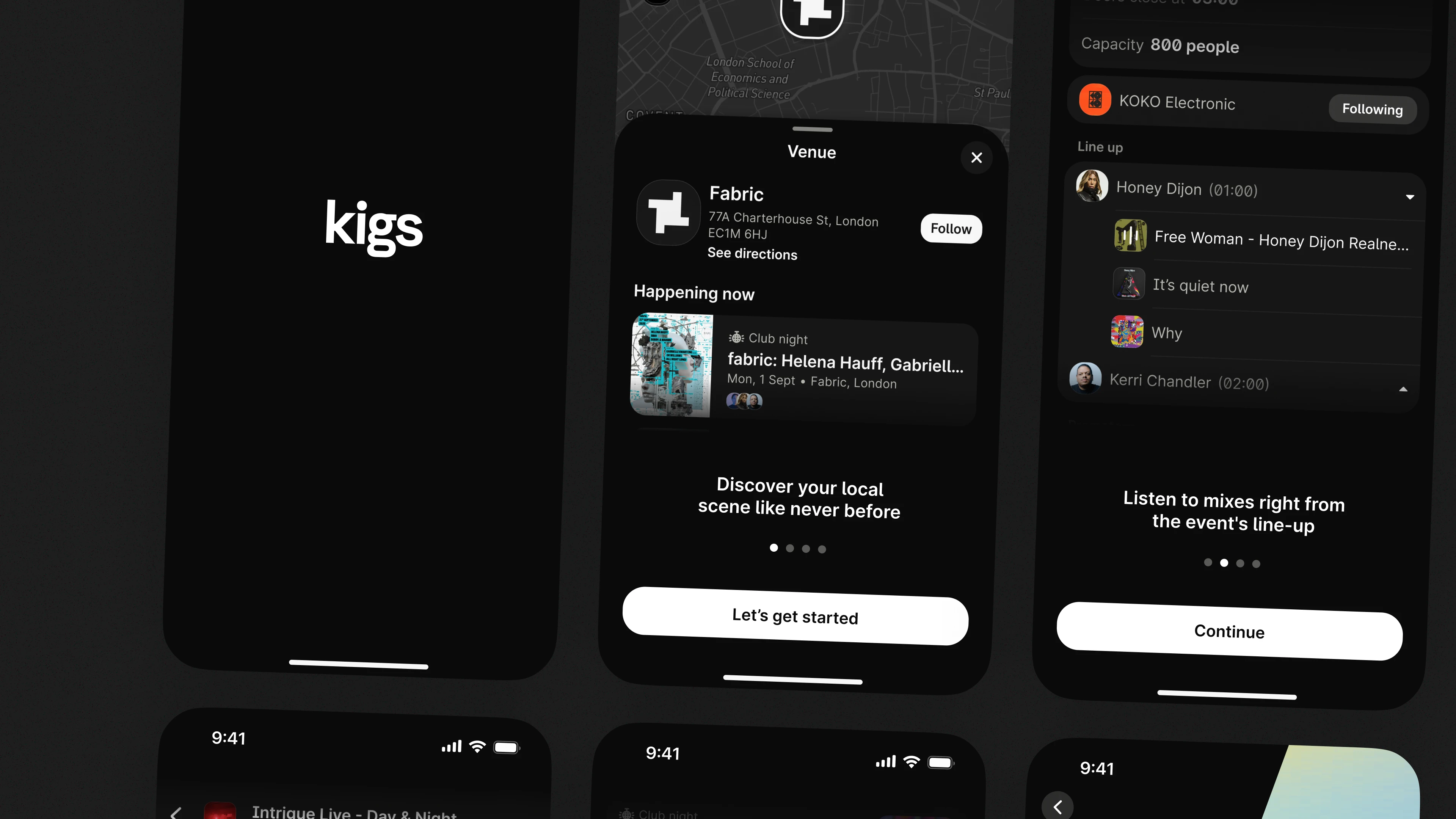 Kigs onboarding — splash, venue map, and listen to the lineup screens