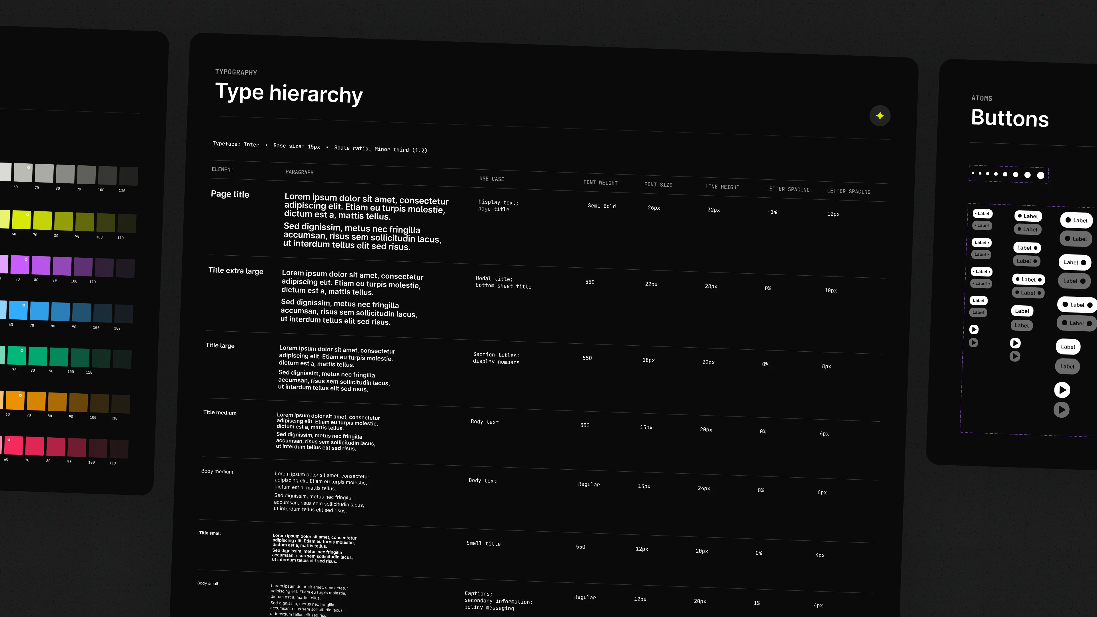 Kigs design system — type hierarchy and button atoms