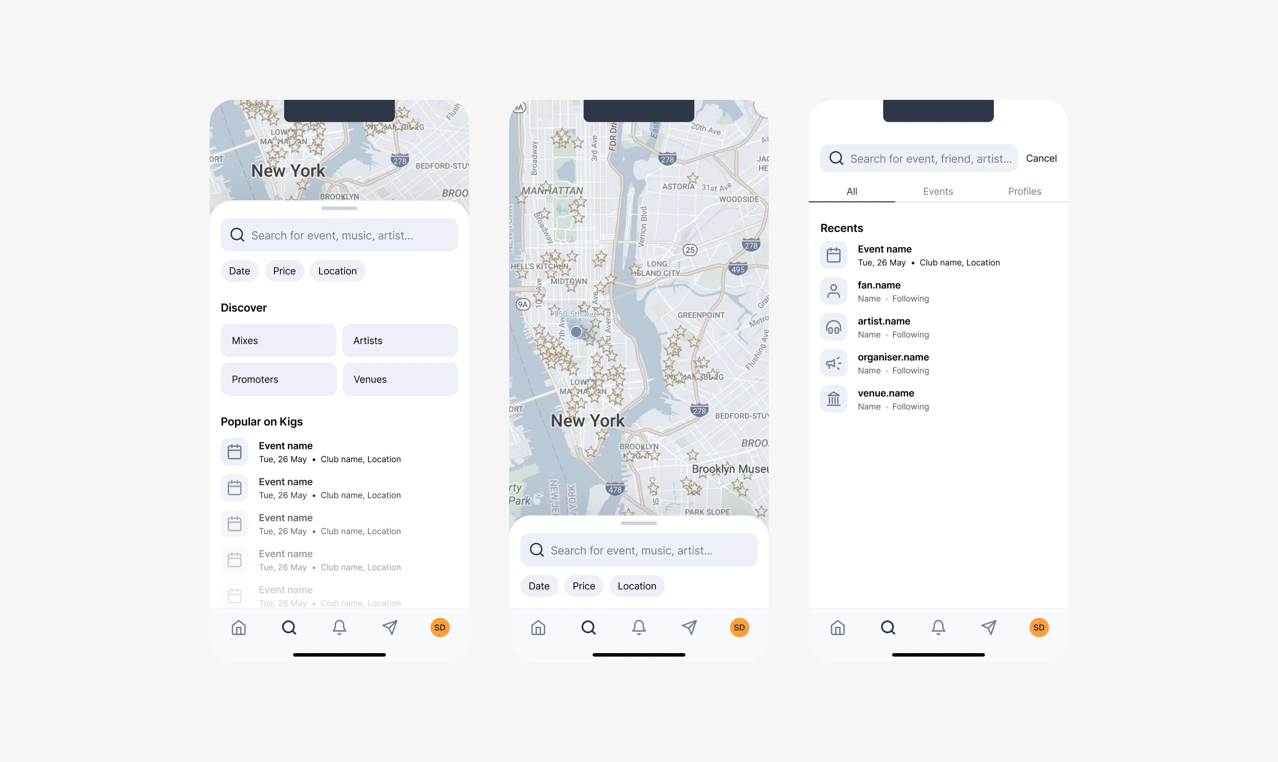 Search wireframe V1. Find, search, plan: events, clubs, profiles, music, promoters, venues
