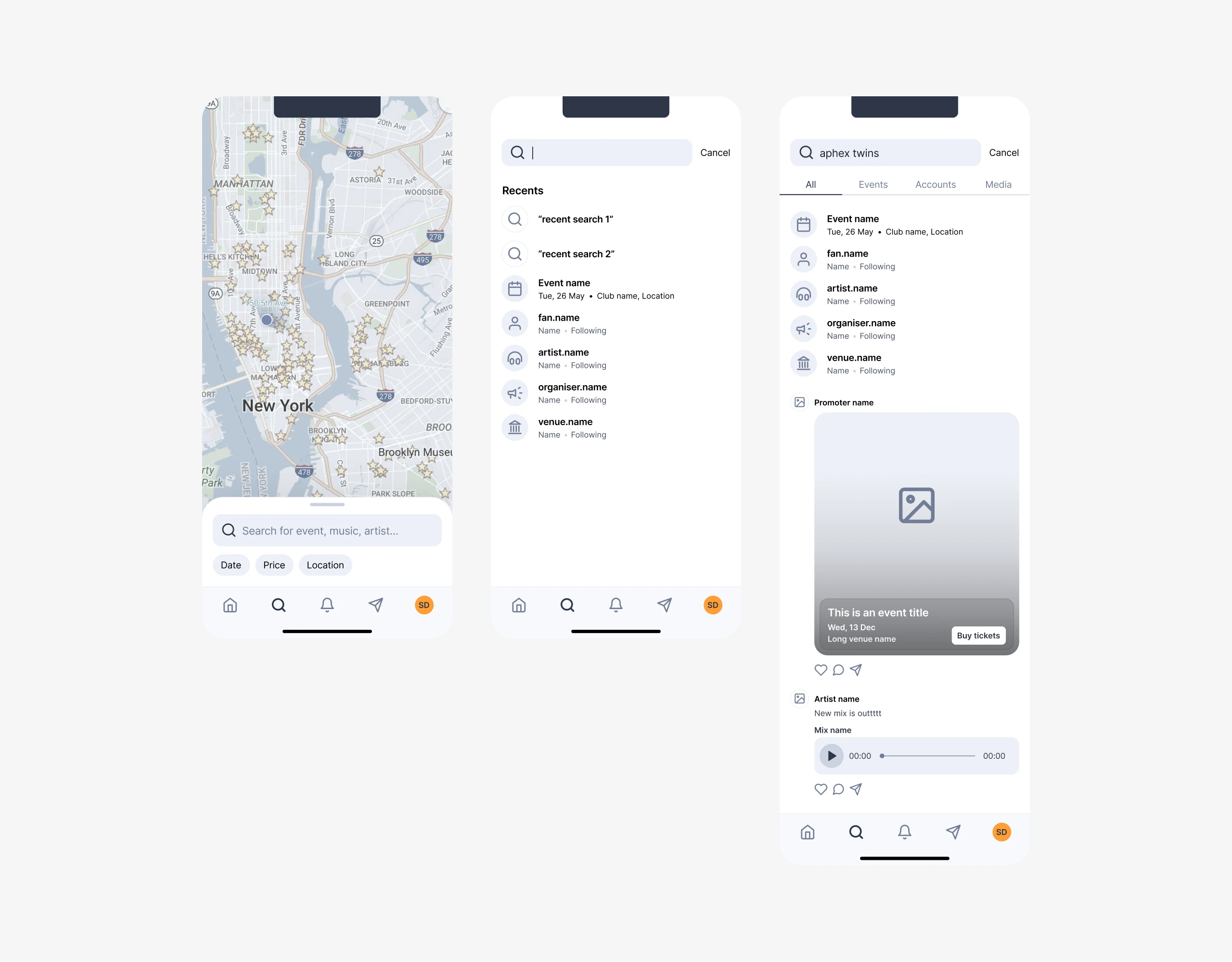 Search wireframe V2. Refined discovery with tab structure and filter states