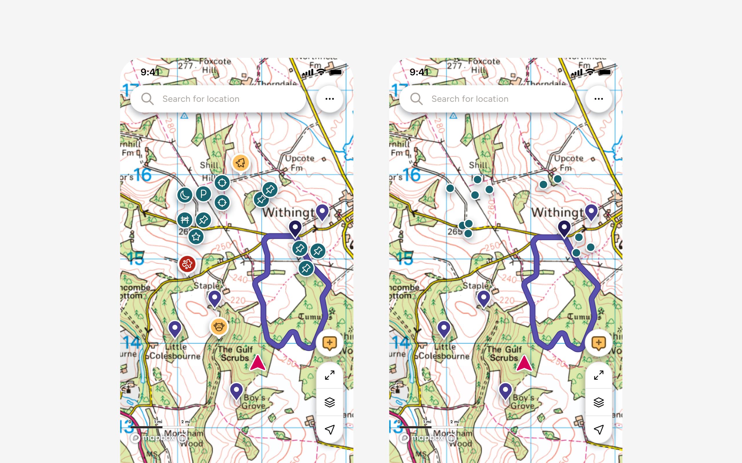 Map view with live pins — clustered obstacle markers on OS terrain, zoomed out state shows alerts hidden