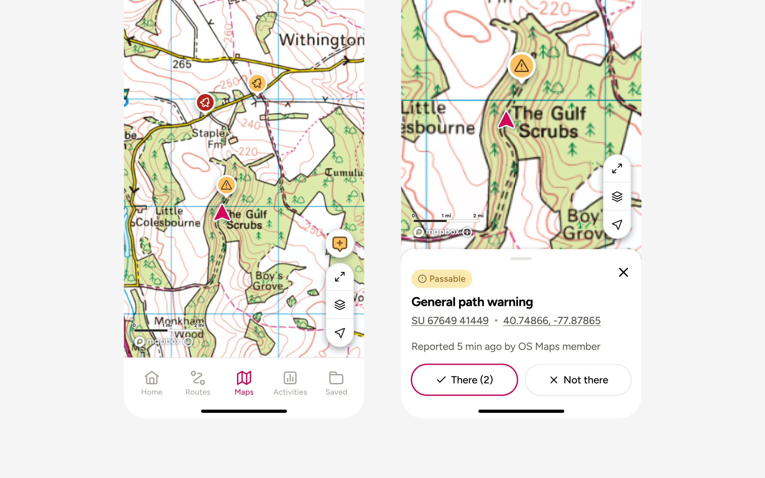 Confirming a report. Tap a pin on the map, see the report bottom sheet with full detail and the There / Not here prompt