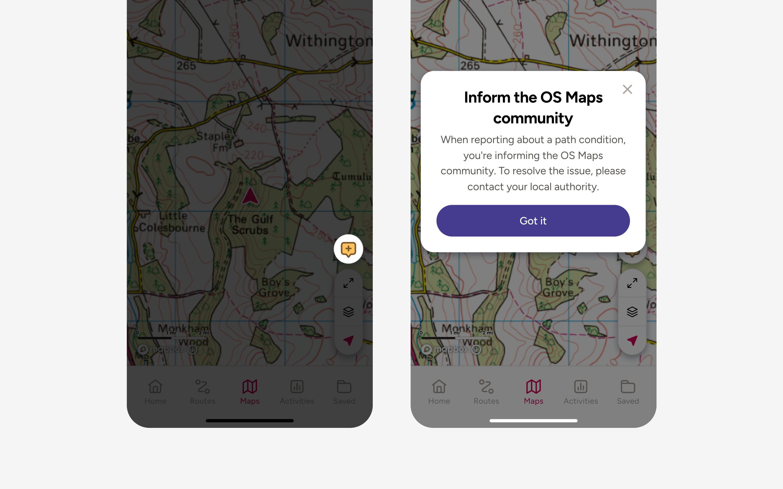Report flow, screen 1. Map view with report button highlighted, leading into the community intro modal
