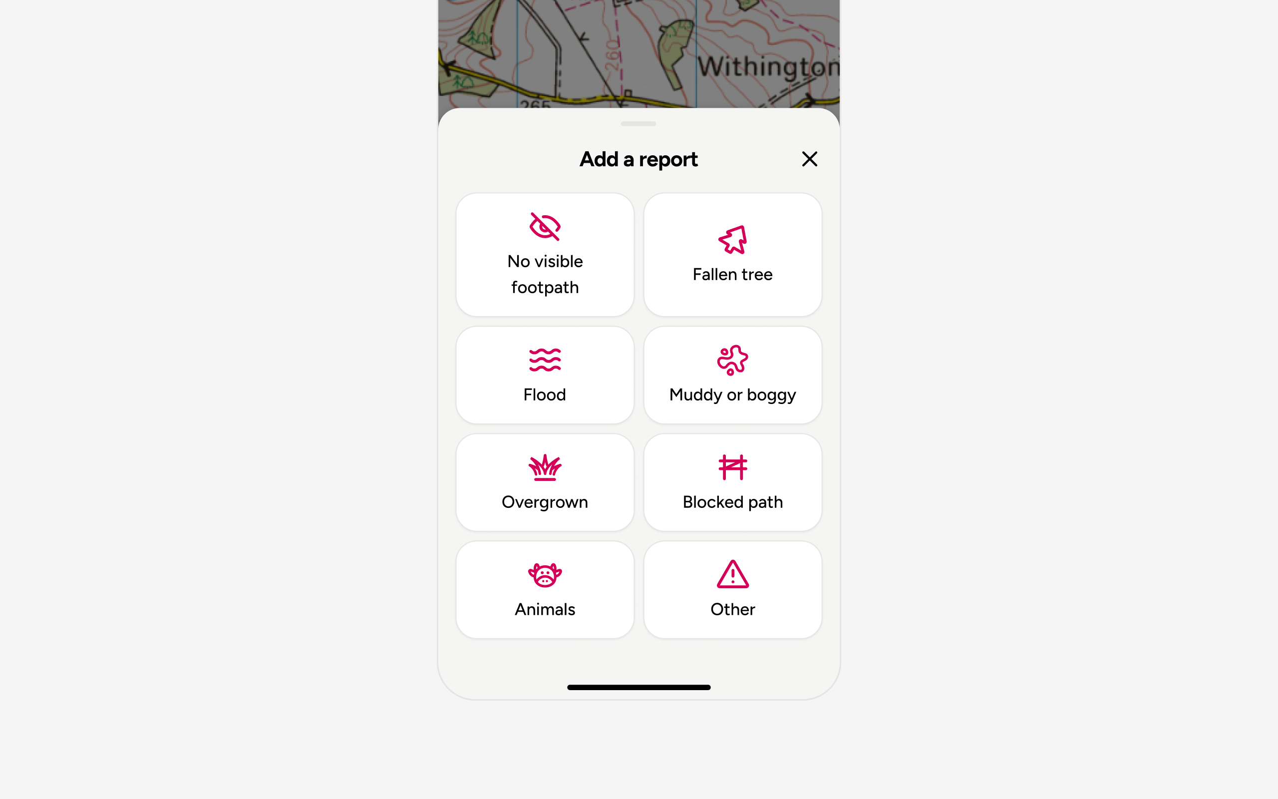 Report flow, screen 2. Add a report screen with obstacle type picker