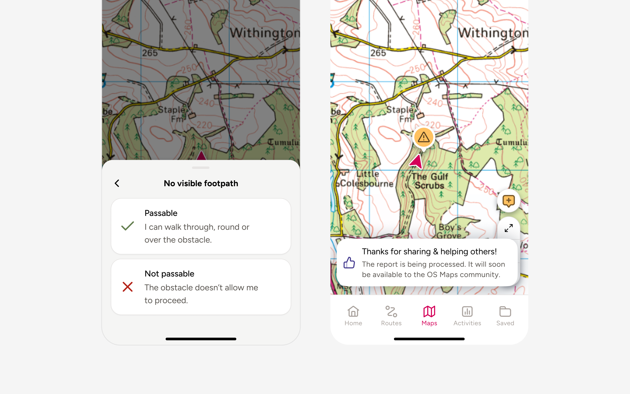 Report flow, screen 3. Passable / not passable step, thanks for sharing confirmation, obstacle appearing on the map