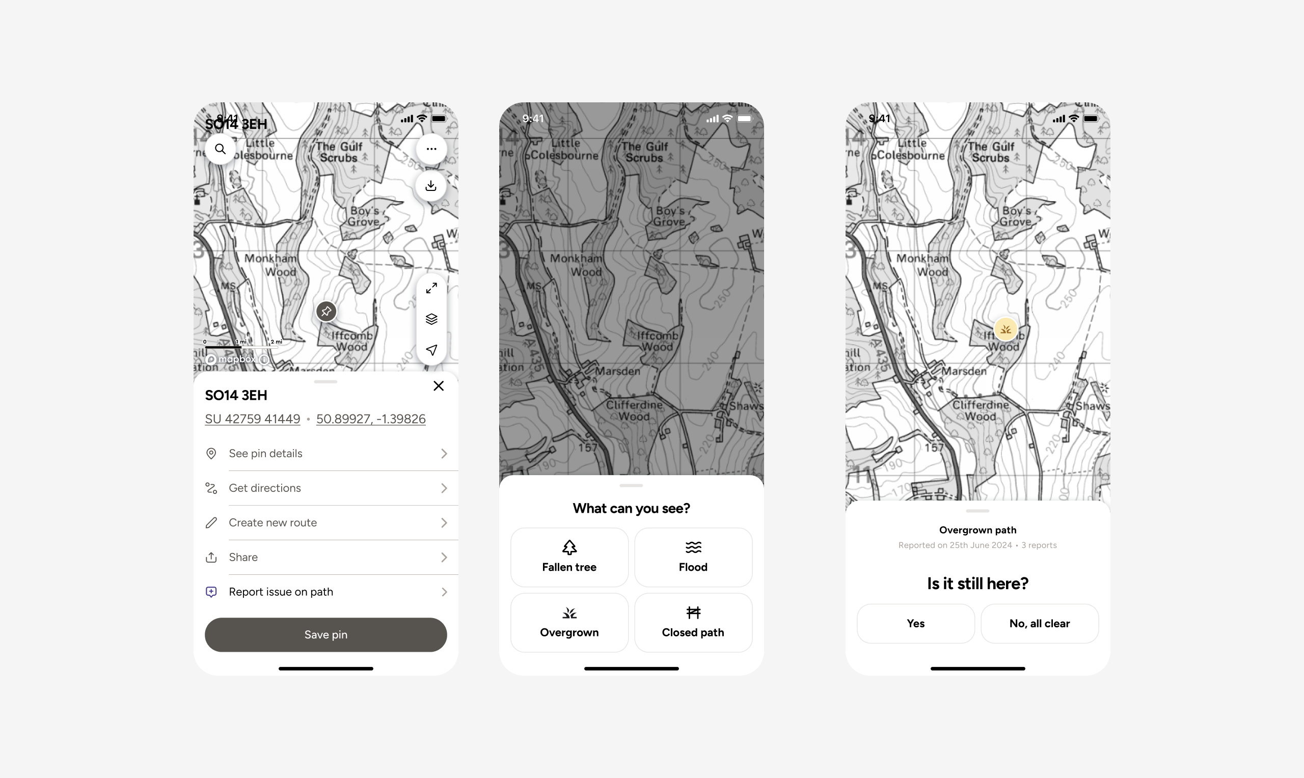 Lo-fi wireframes. Report a hazard screens on the left and viewing and confirming an obstacle on the right