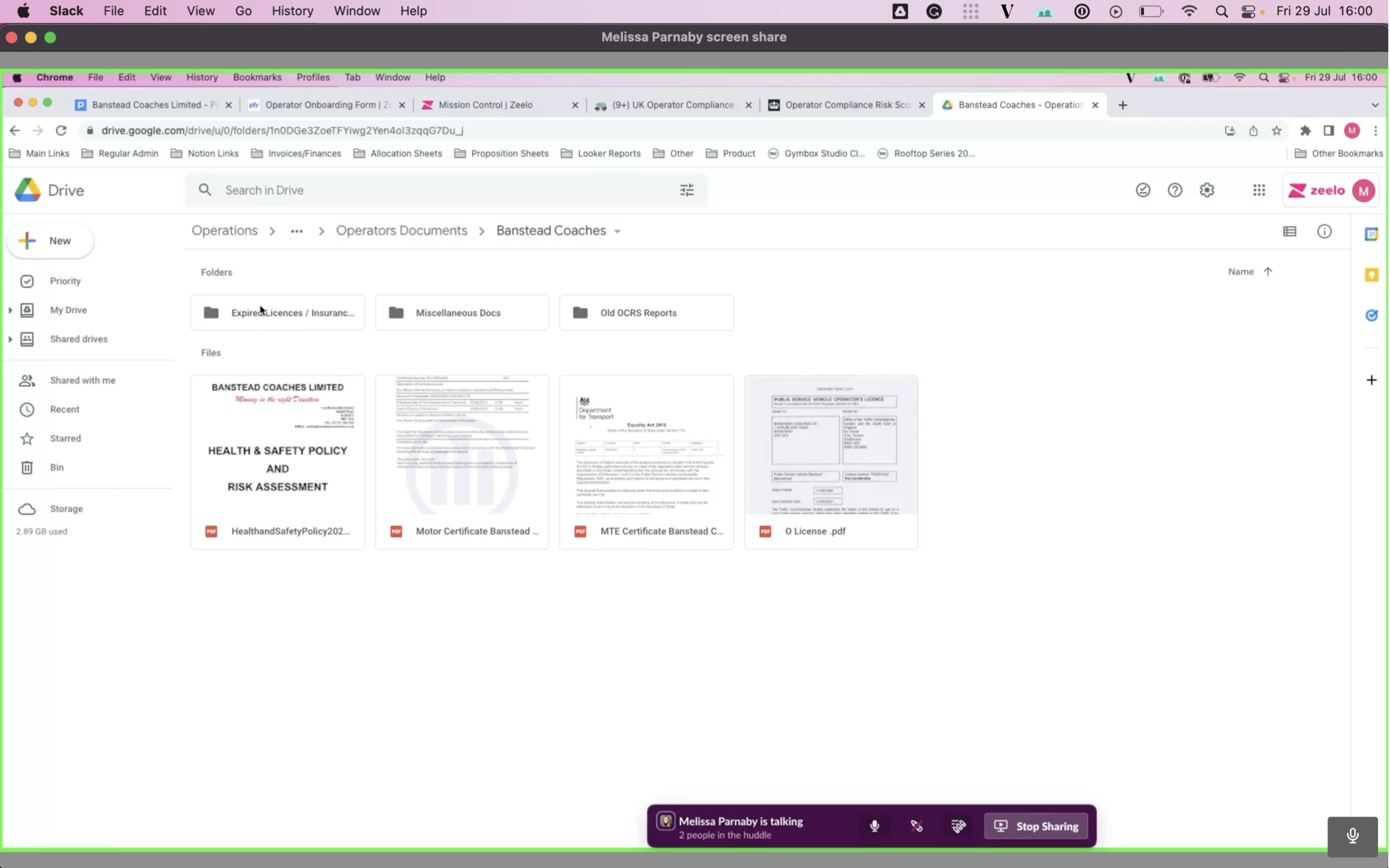 The before state — Melissa's Google Drive folders: Expired Licences/Insurance, Miscellaneous Docs, Old OCRS Reports