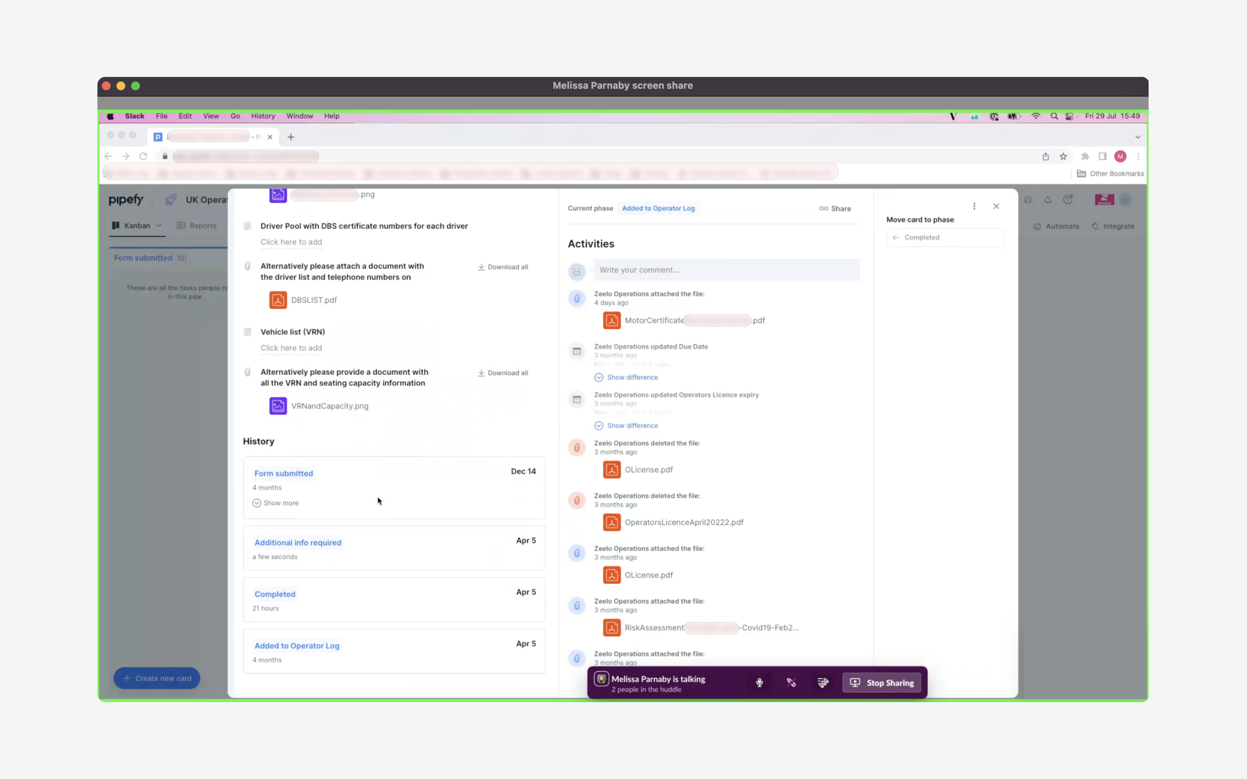 Pipefy compliance document history log. Messy, unstructured record of compliance documents before the portal.