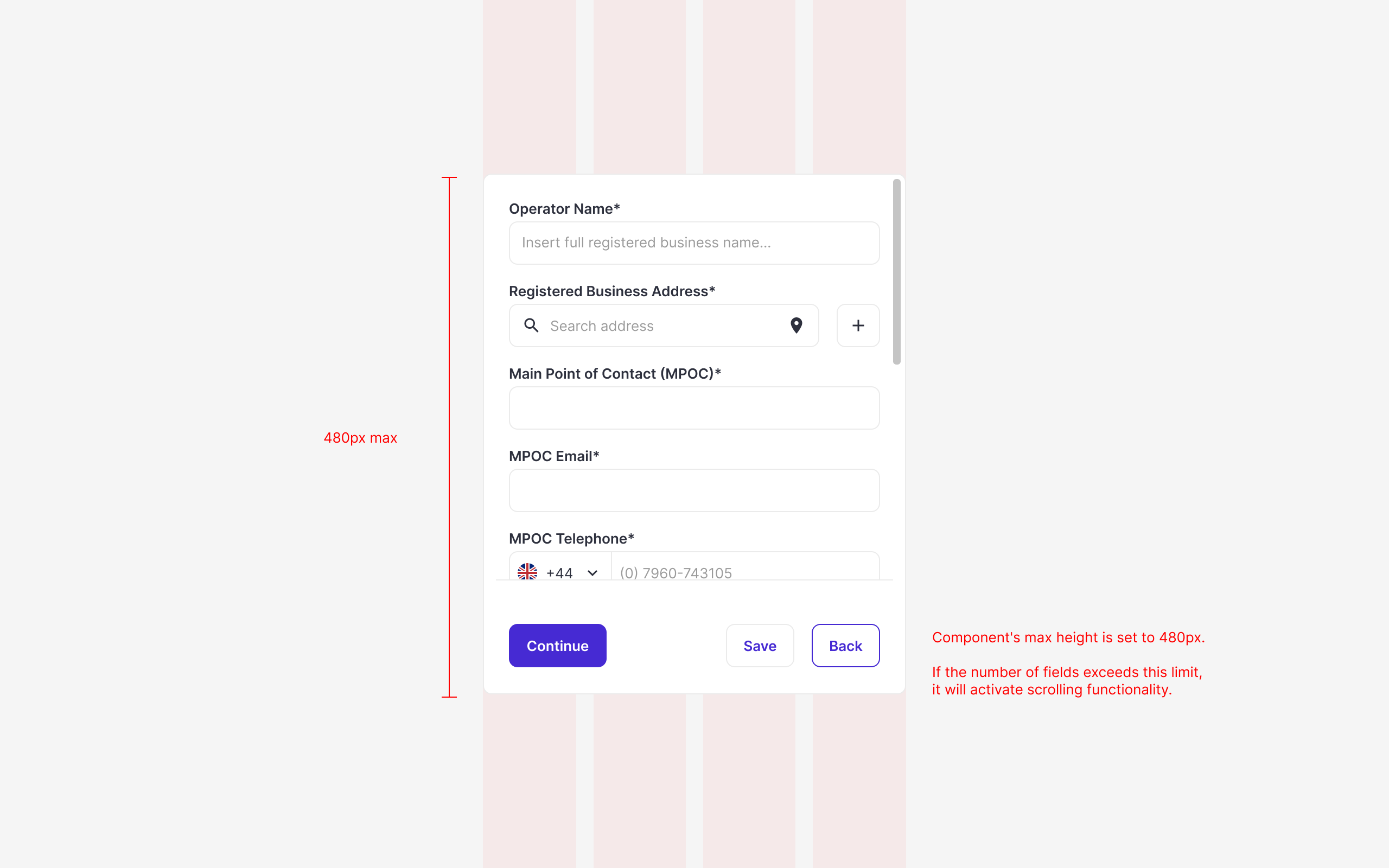 Developer onboarding form spec. Technical specification showing field rules and implementation detail for the engineering handoff.