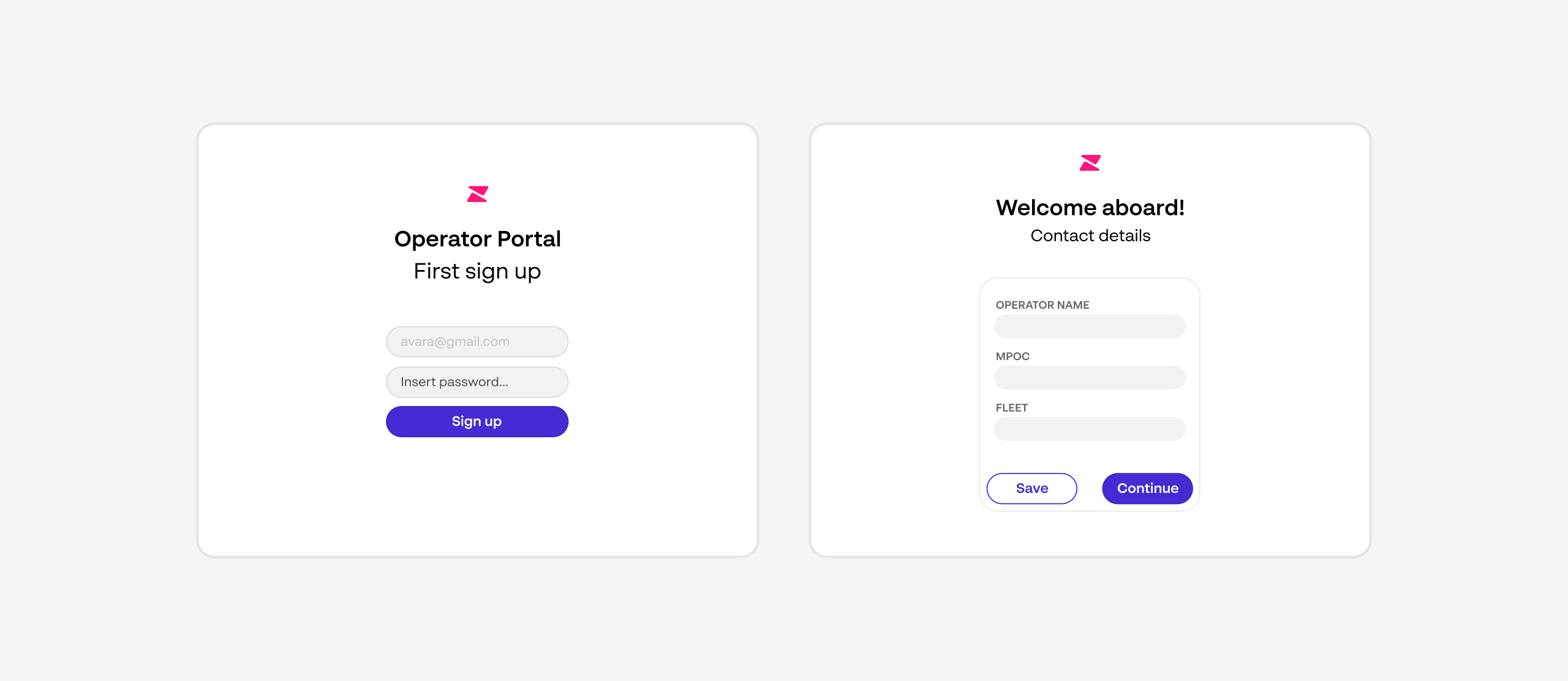 Lo-fi wireframe, log-in and initial form. Operator-side onboarding entry point.