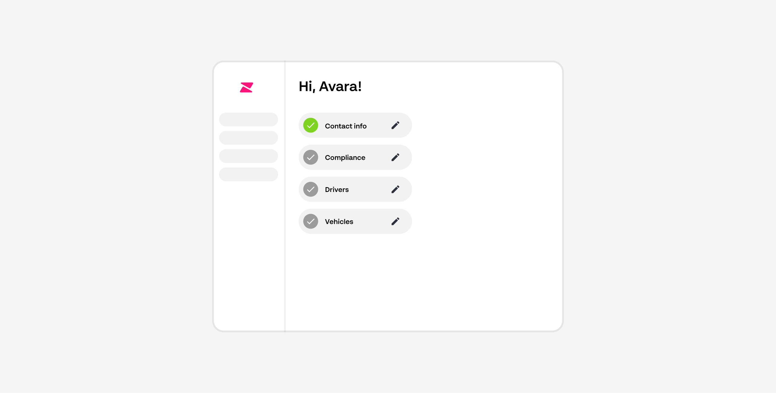 Lo-fi wireframe, post-form checklist. Things to update after account activation.