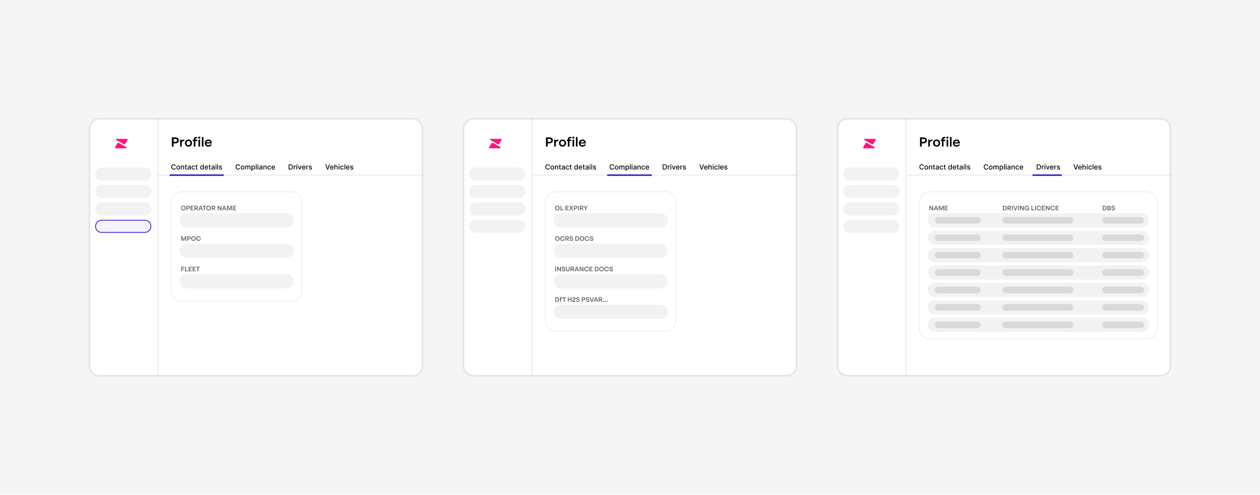Lo-fi wireframe, contact details, compliance, and driver list tabs. Early IA for the operator portal.