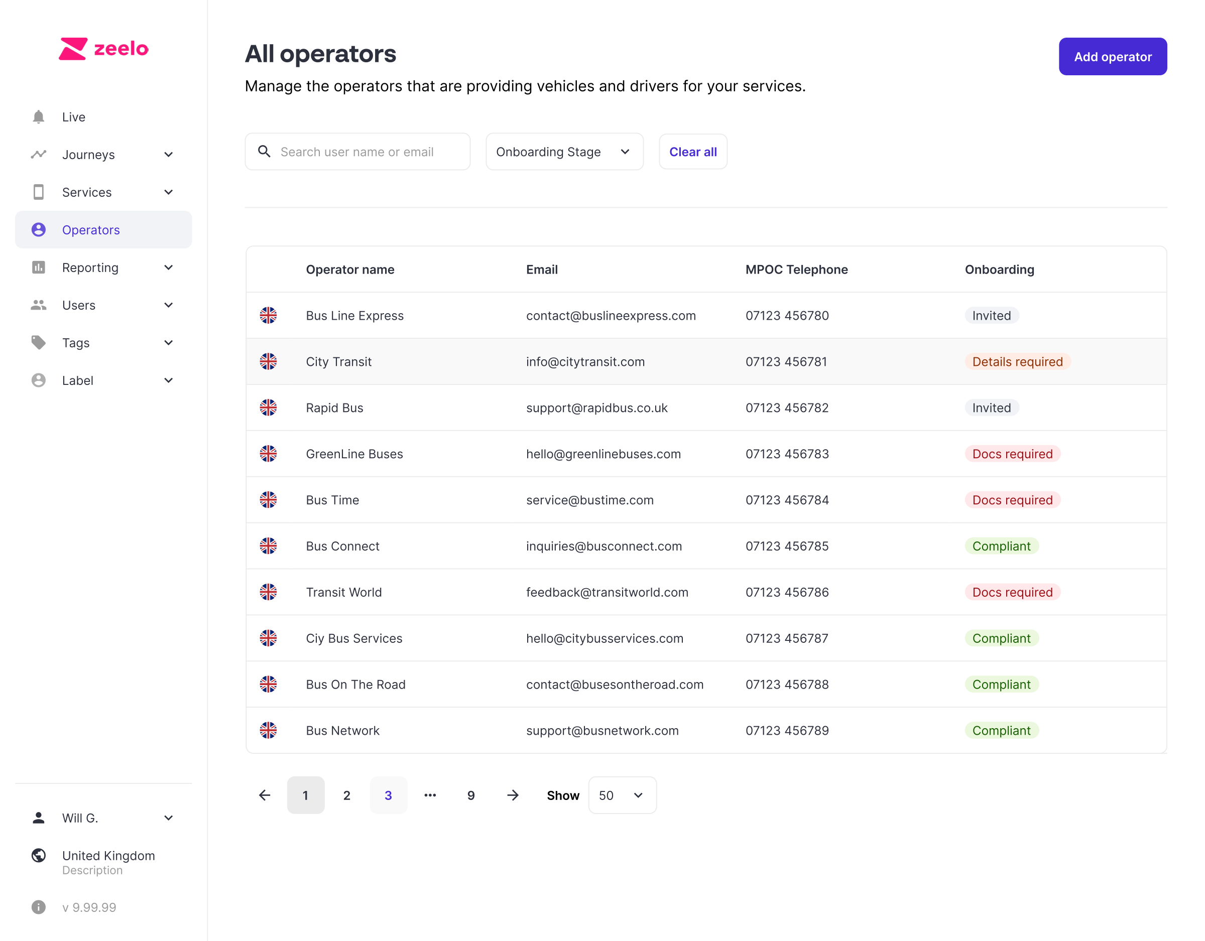 Mission Control operator list — status pipeline with colour-coded compliance states: Invited, Details required, Docs required, Compliant