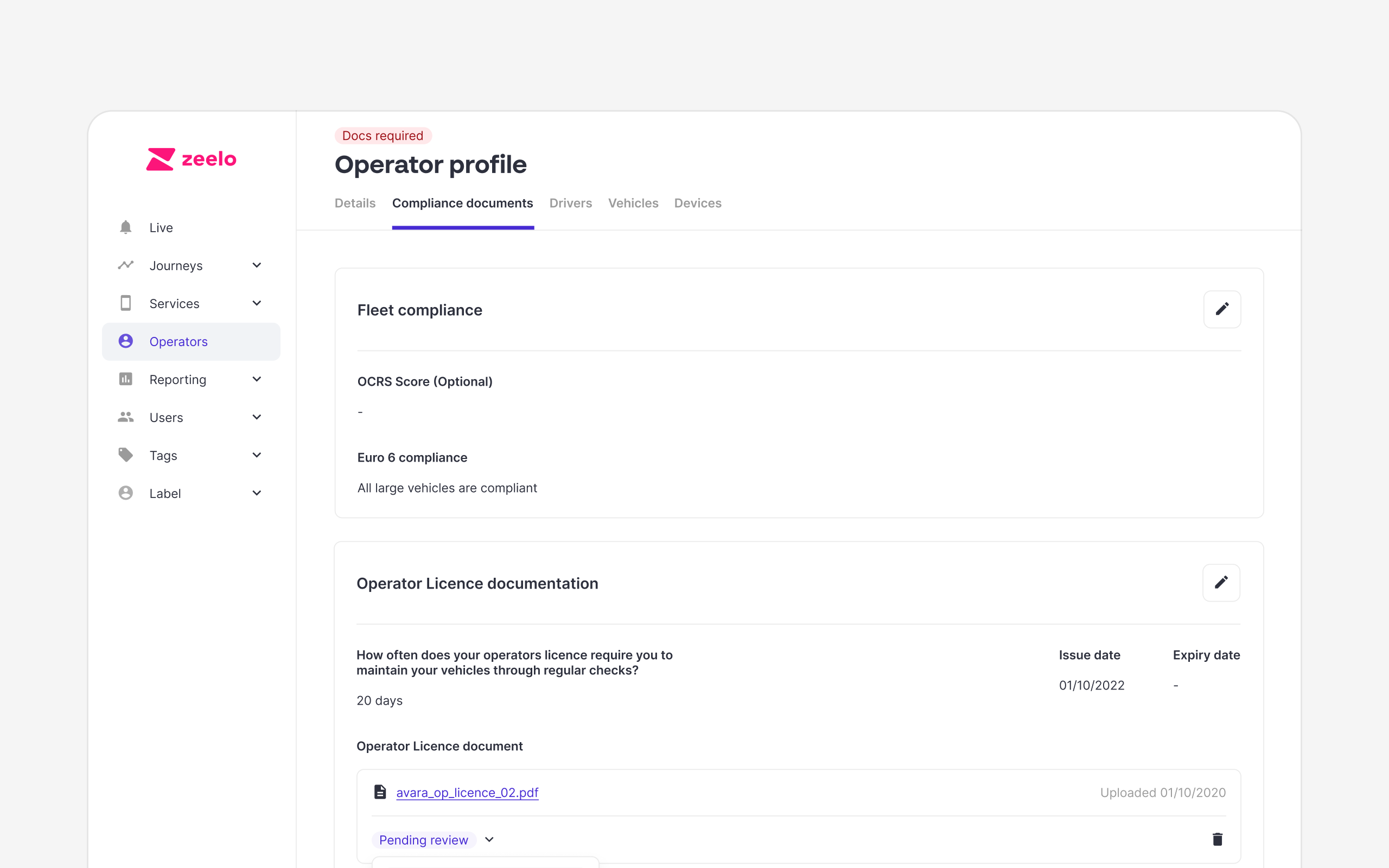 Mission Control UK operator profile, compliance tab, top section. Existing operator from the onboarding portal.