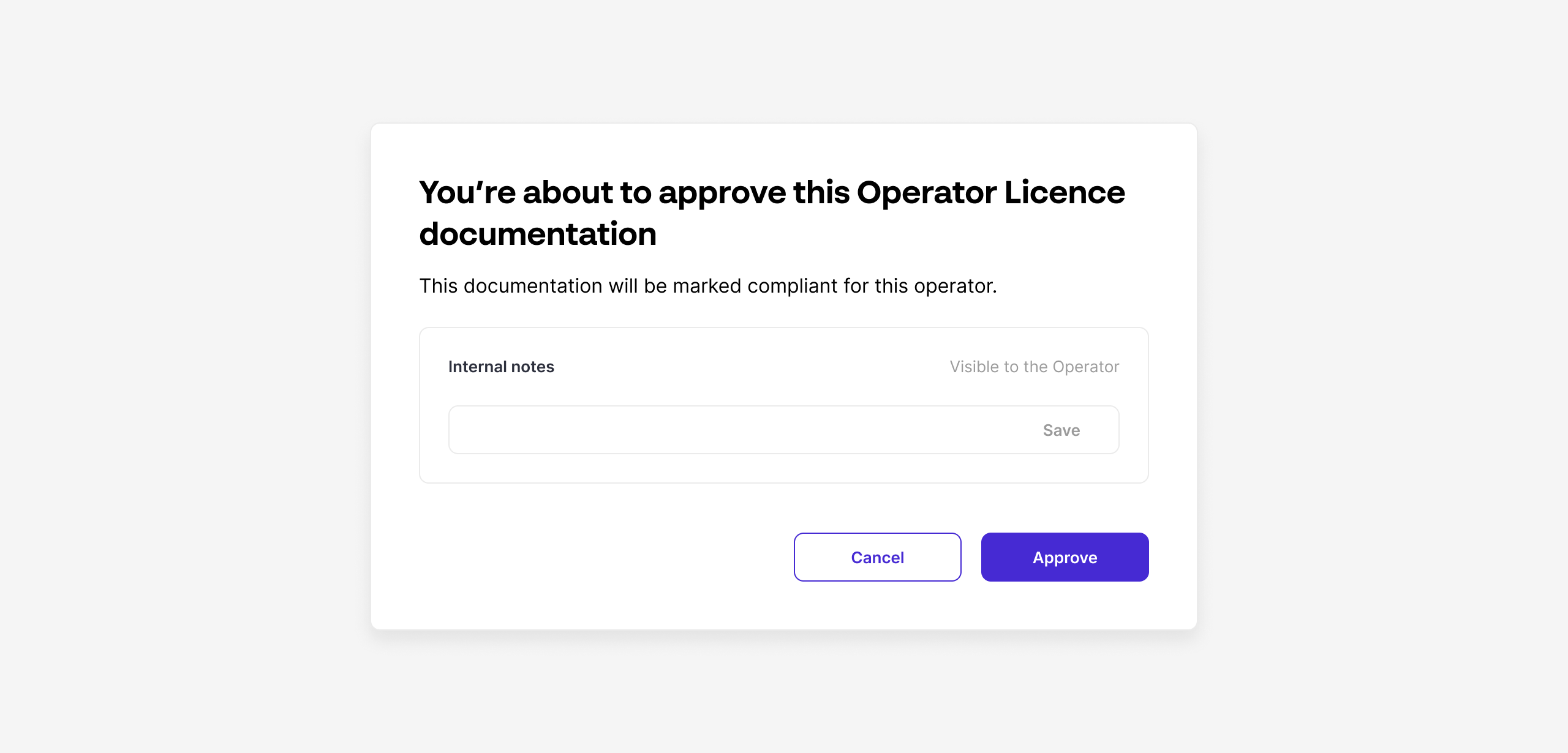 Approve docs modal. Ops-side document approval confirmation.