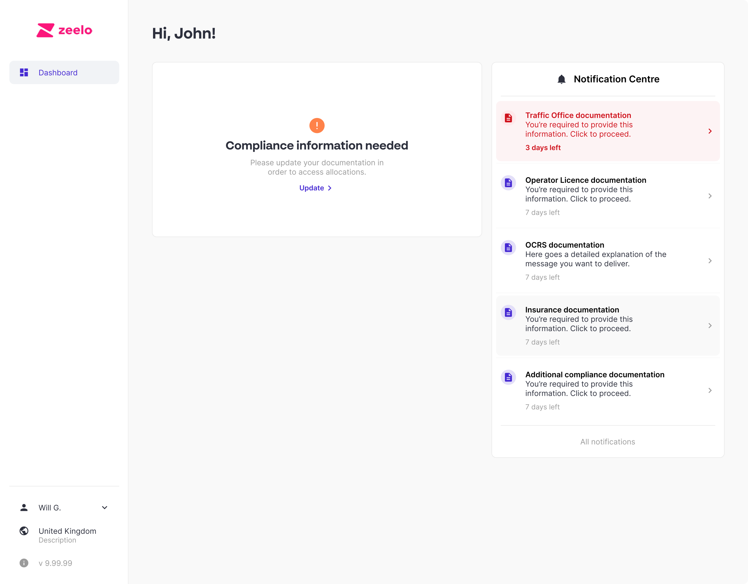 Operator portal dashboard — notification centre with compliance cards and deadline countdowns