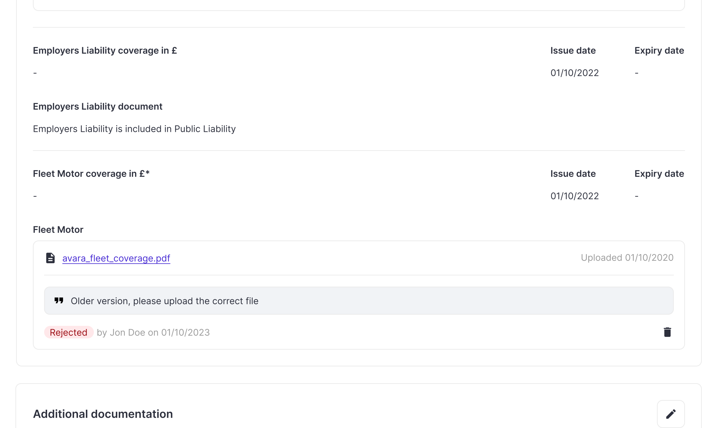 Ops-side document validation — rejection label with mandatory written reason field visible