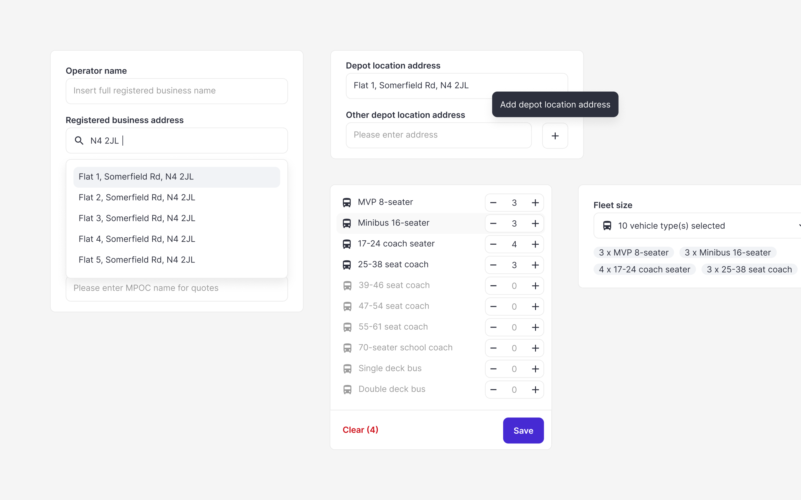 UK portal UI components close-up. Form field and stepper detail from the onboarding flow.