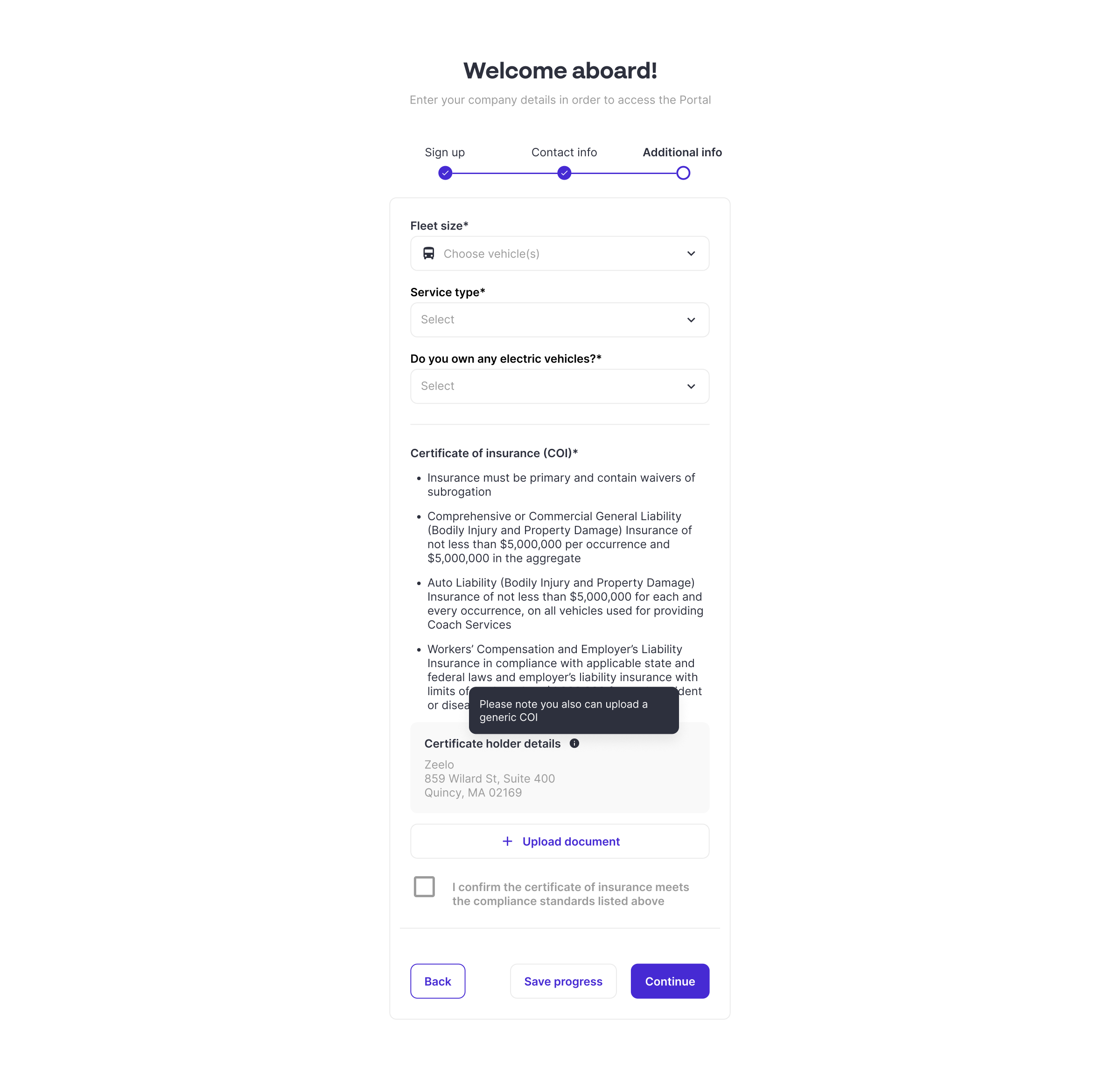 US additional info screen — Certificate of Insurance section with Zeelo's address pre-filled as certificate holder